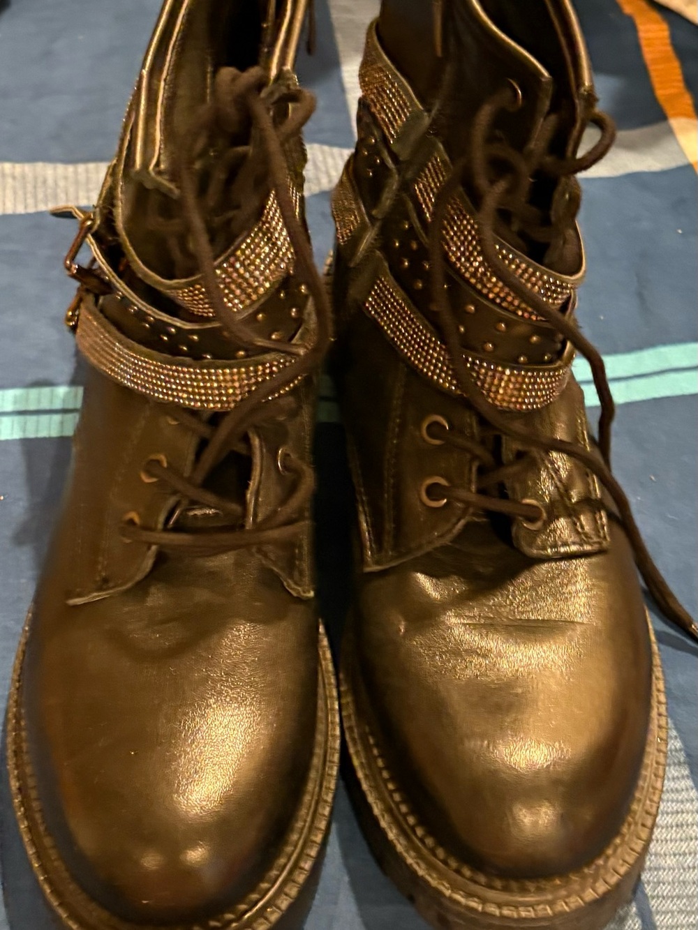 Steve Madden Black Studded Lace-Up Ankle Booties with Rhinestone Straps